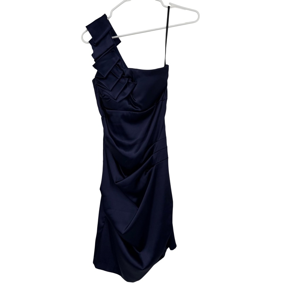 B. Smart Cocktail Dress‎ Women 7/8 Navy Blue Excellent One Shoulder Ruched Satin